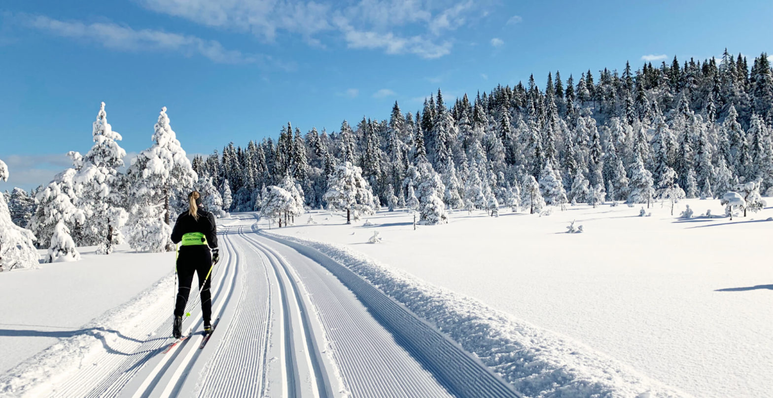 Kvinna åker skidor förbi Brännberg