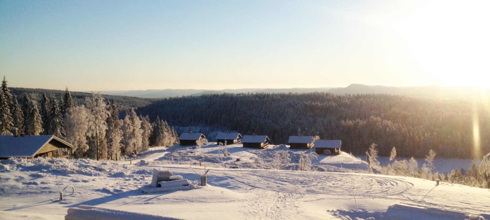 Utsikt över stugor i Mattilamäki på vintern